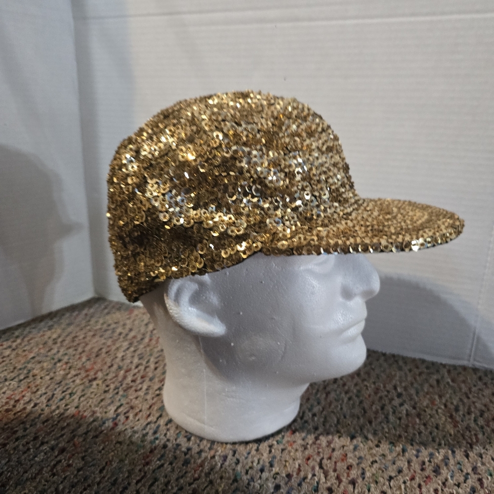 Women's Gold Sequin Baseball Cap Hat Elastic Rear Strap 100% Cotton